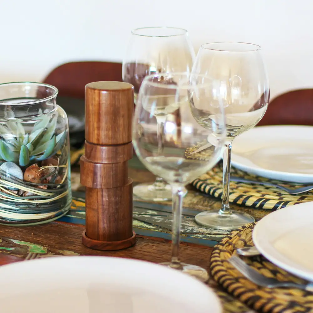 Wine glasses on a dinner table